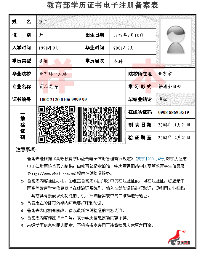 學(xué)歷證書電子注冊備案表樣本