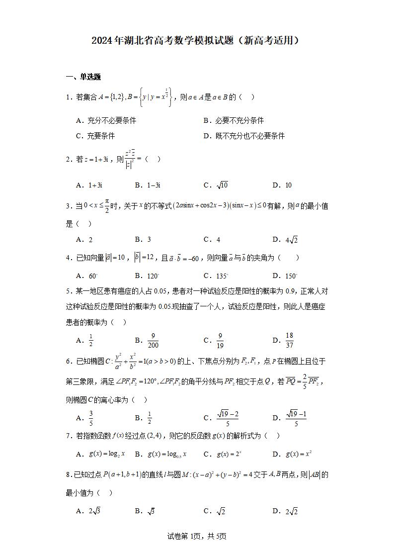 2024年湖北省高考數(shù)學(xué)模擬試題（新高考適用）_01