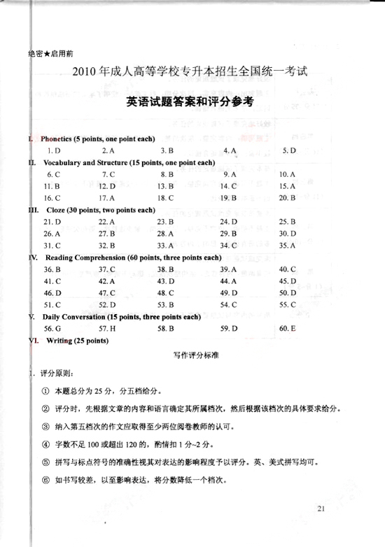 2010年成人高考專升本英語(yǔ)試題及答案