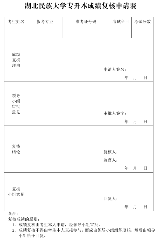 2021年湖北民族大學(xué)普通專升本成績復(fù)核申請表