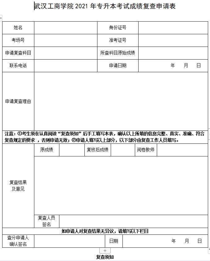 2021年武漢工商學(xué)院普通專升本考試成績(jī)復(fù)查申請(qǐng)表