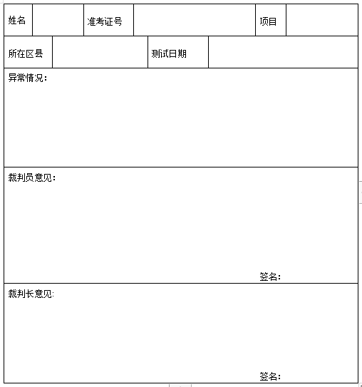 湖北省體育專業(yè)素質測試 異常情況處理登記表